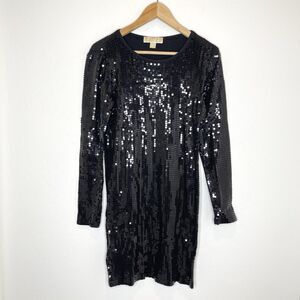 Michael Kors All Over Sequin Long Sleeve Shift Dress Womens Small Black